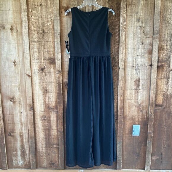 Tahari Knit Jersey Sleeveless Gathered Flowy Chiffon Black Round Neck Maxi Dress - Picture 2 of 9